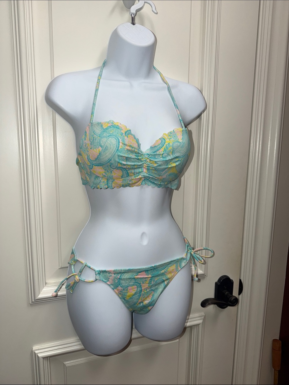 Victorias secret bra push up bikini paisley pastel pink blue 34b swimsuit print
